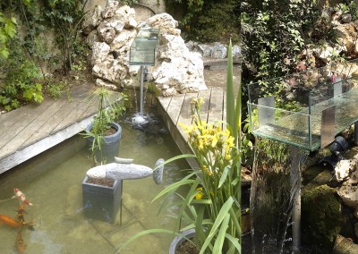 Fontaine en verre au dessus d'un bassin contenant des carpes Koï