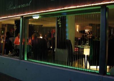 Stream-of-water fountain in a restaurant window